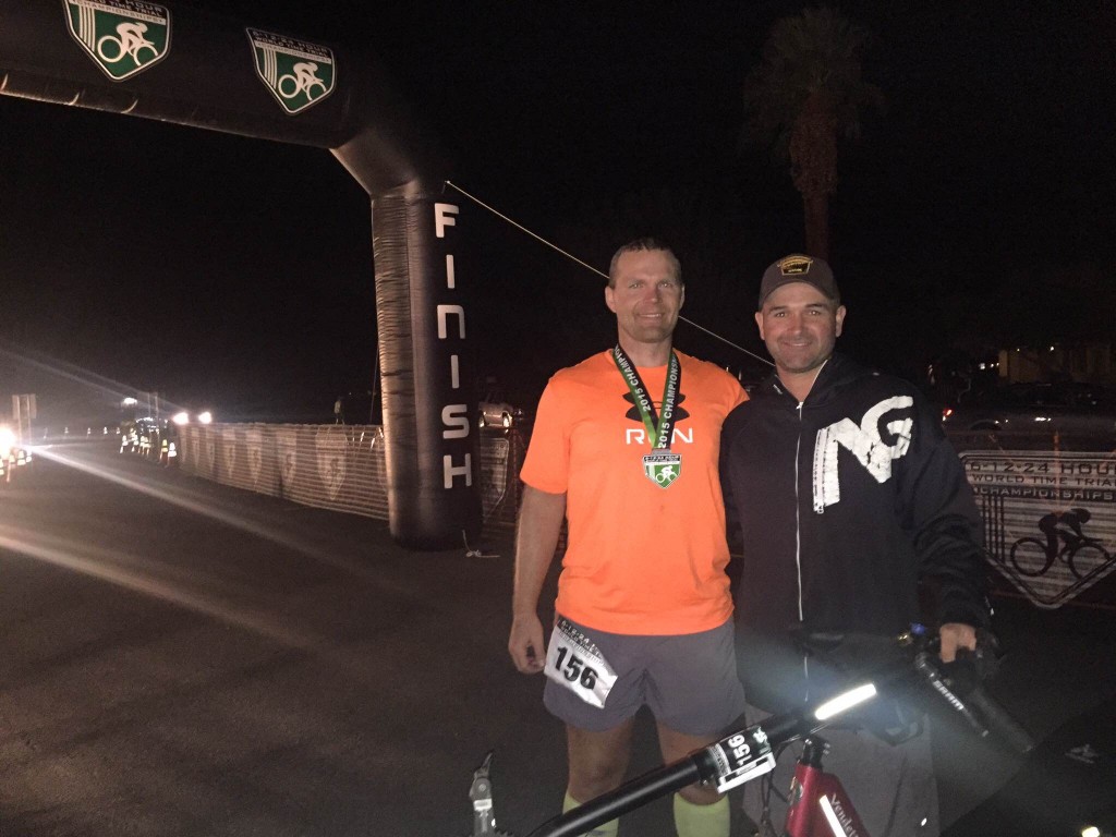 Rob and his crew chief Sean at the 24 Hour Worlds finish. Sean will be joining Rob's RAAM 2016 crew.